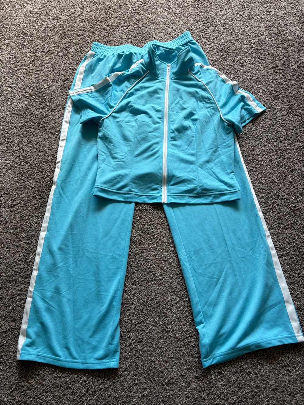 Women's Turquoise Blue Short Sleeve Tracksuit Set with White Stripe